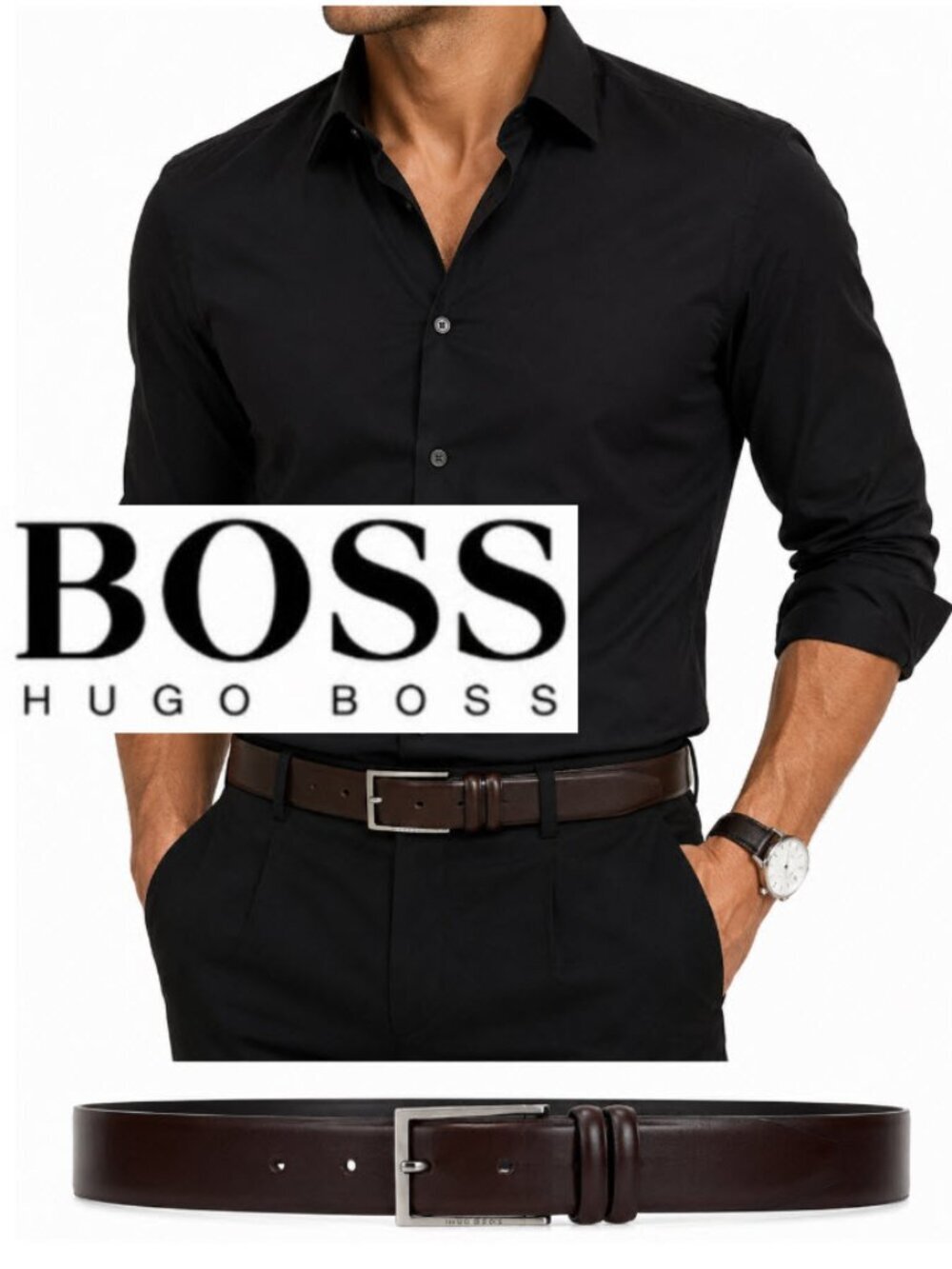 BOSS Hugo Boss Brown Leather Belt Silver Buckle Size 85/32
